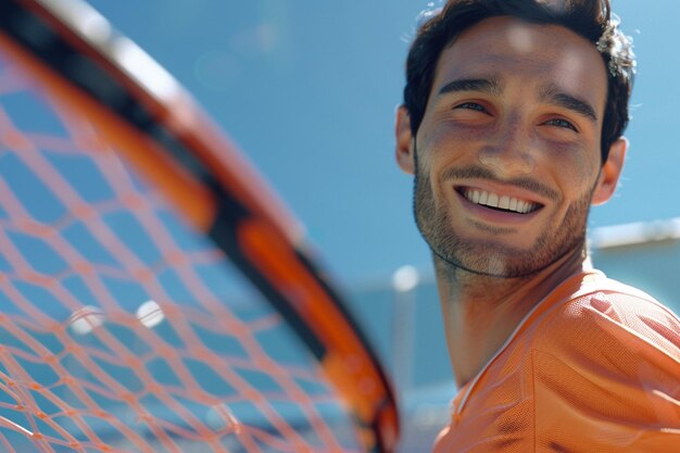 Photo man smiling while playing tennis