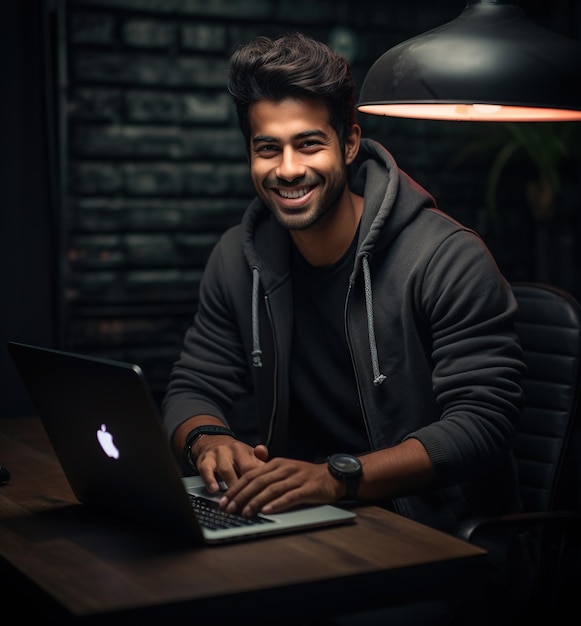 a man smiling while sitting in front of his