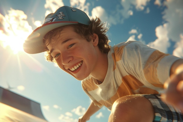 Photo man smiling while skateboarding