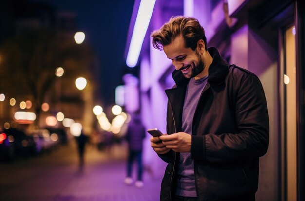 man smiling while using smartphone in the city on purple background text