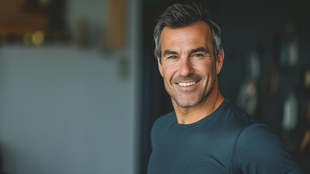 man smiling while wearing a gray shirt