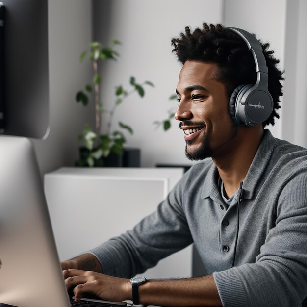 Photo a man smiling while working on his laptop