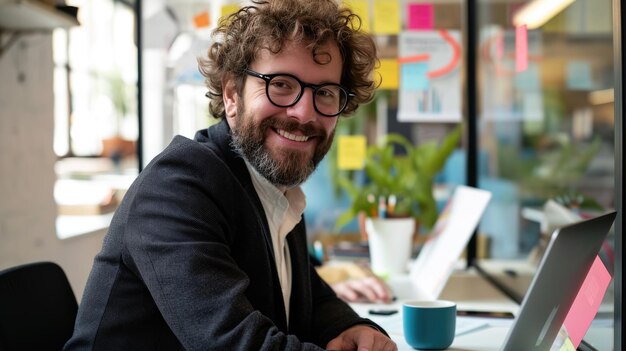 Man smiling while working on a laptop in a modern office environment