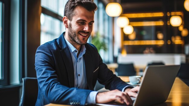 Foto uomo che sorride mentre lavora su un portatile in un ambiente di ufficio moderno