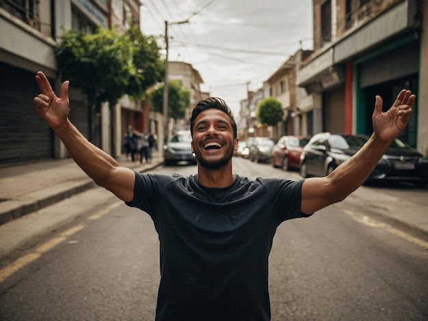 man smiling with arm up