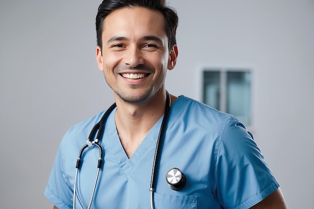 A man smiling with a stethoscope on his chest