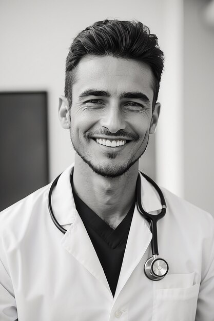 A man smiling with a stethoscope on his chest