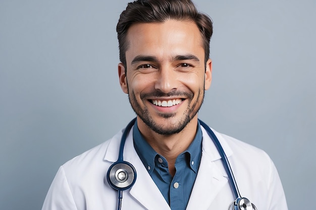 Foto un uomo che sorride con uno stetoscopio sul petto