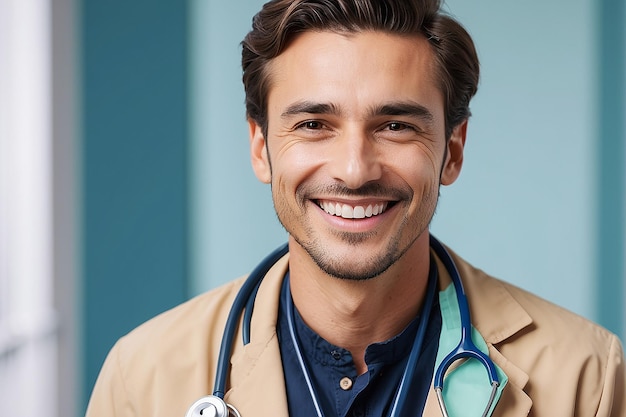 Foto un uomo che sorride con uno stetoscopio sul petto