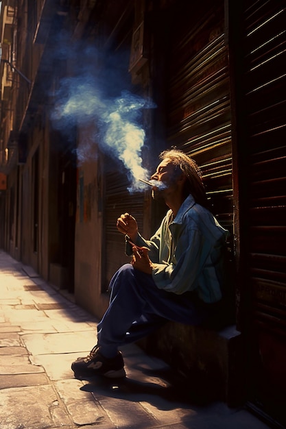 a man smoking a cigarette in front of a store.