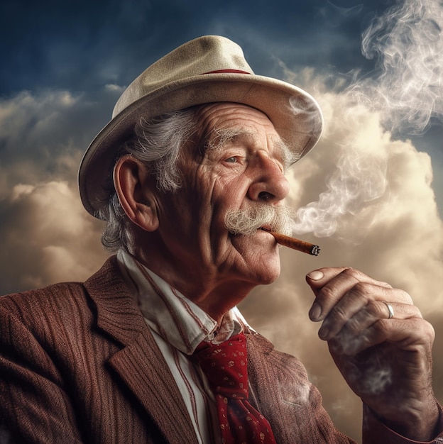 A man smoking a cigarette with a hat and a tie