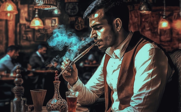 'smoke'on'이라는 표지판이 있는 바에서 파이프 담배를 피우는 남자