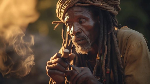 Photo a man smoking a pipe in a desert