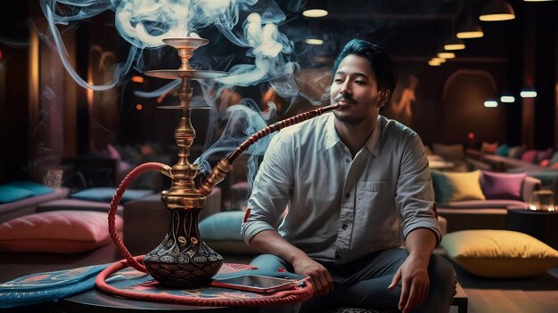 Photo man smoking traditional hookah pipe and exhaling smoke in hookah cafe