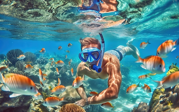 man in snorkeling mask dive underwater with tropical fishes in coral reef sea pool