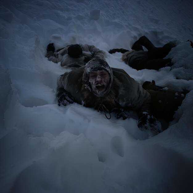 a man in a snow suit is laying in the snow