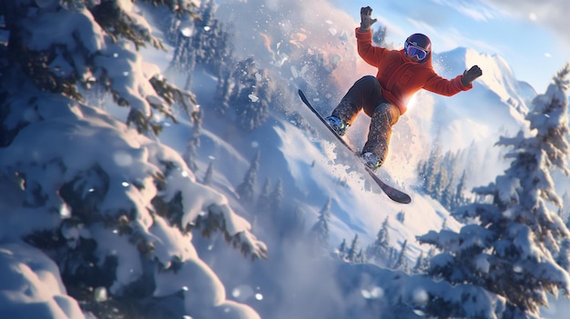 a man on a snowboard is in the air with a snow trail in the background