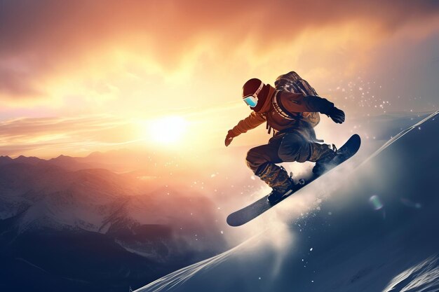 A man on a snowboard is in the air with the sun behind him.