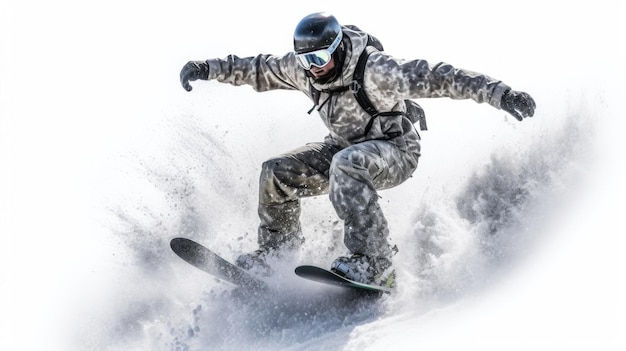 a man on a snowboard is wearing a helmet and goggles.