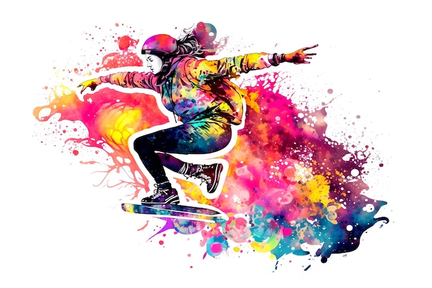 Man snowboarder jump on snowboard with rainbown watercolor splash isolated on white background Neural network generated art