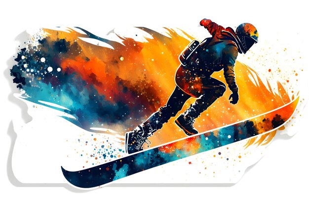 Man snowboarder jump on snowboard with rainbown watercolor splash isolated on white background Neural network generated art