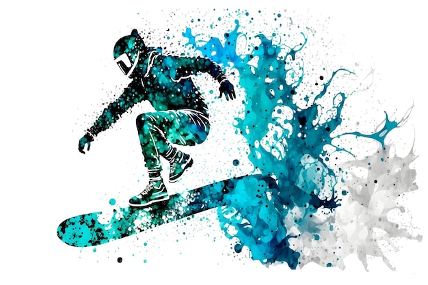 Man snowboarder springt op snowboard met regenboog waterverf splash geïsoleerd op witte achtergrond Neuraal netwerk gegenereerde kunst