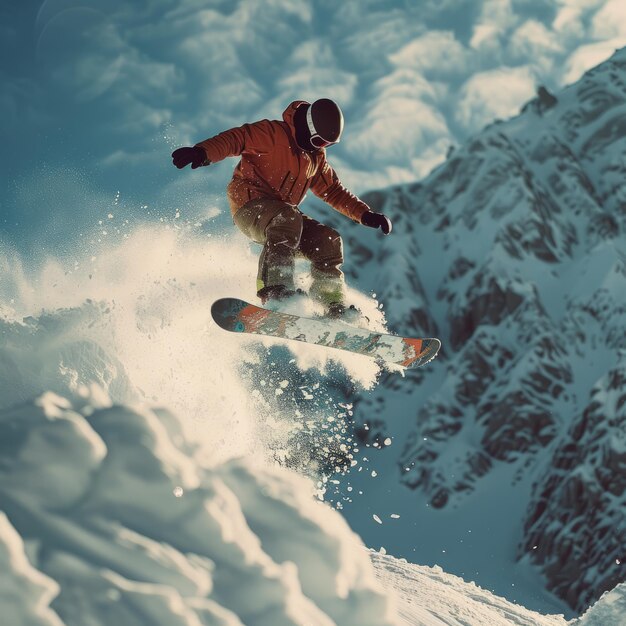 Photo man snowboarding down a mountain slope and jumping over a snowy hill