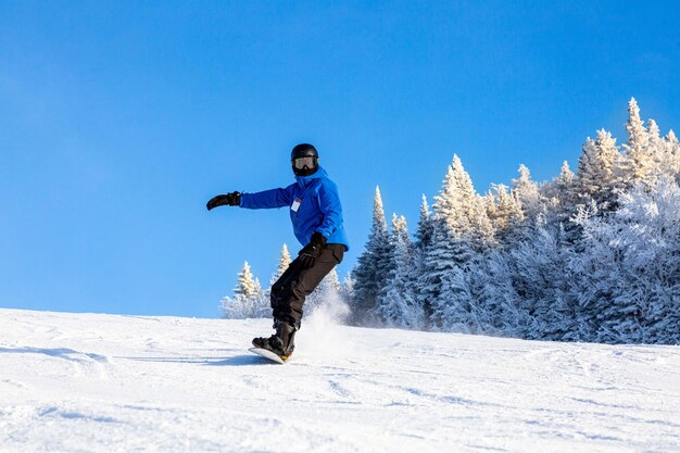 明るい青い空を背景に雪の土地でスノーボードをしている男性