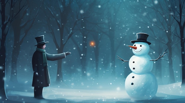 Photo a man and a snowman in the woods ai