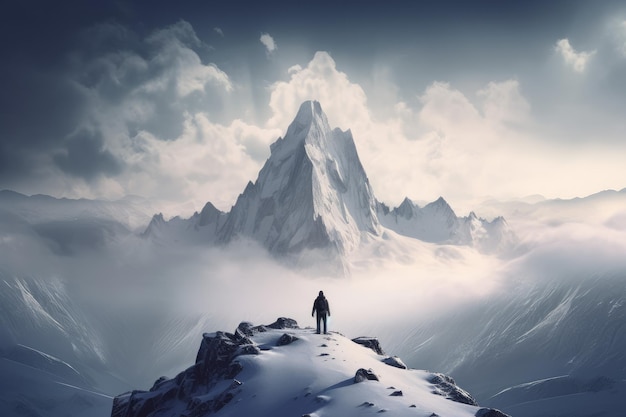 Man snowy hill mountains Person sky Generate Ai