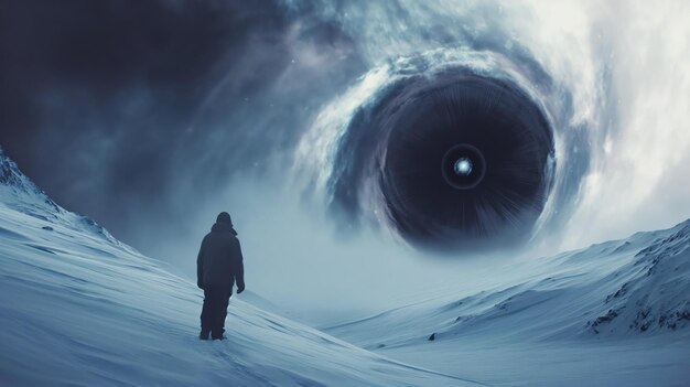 Foto un uomo nel nord innevato che guarda un buco nero nel cielo ai generativa