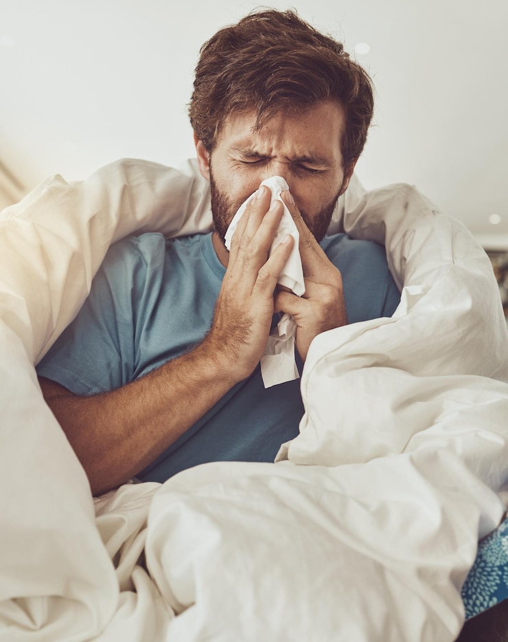 Foto man snuit neus en nies ziek met allergieën of griepvirus en bacteriën met gezondheid mislukken thuis toiletpapier ziekte en gezondheidszorg met crisis of ramp medische aandoening en griep