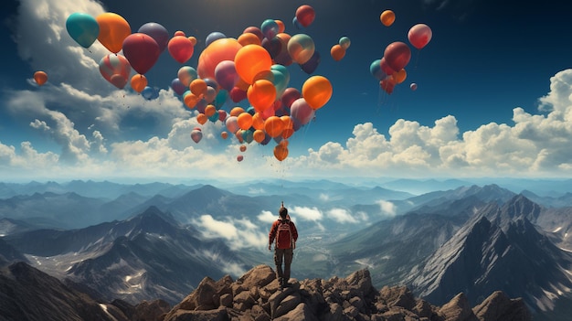 A man soars with colorful balloons in a beautiful cloudy sky showcasing a sense of freedom