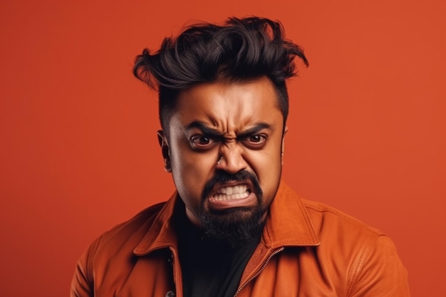 a man on solid color background photoshoot with Anger face experession