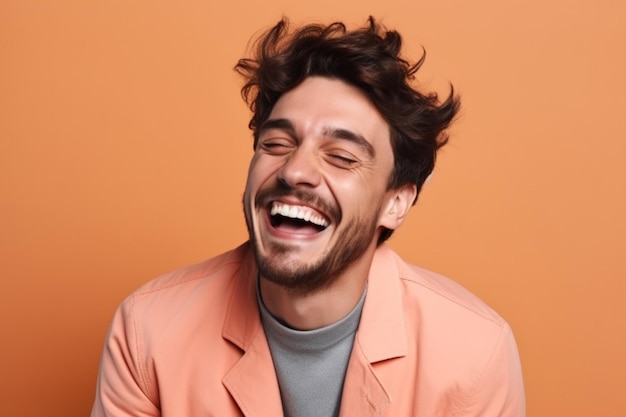Фотосессия мужчины на сплошном цветном фоне со смехом на лице