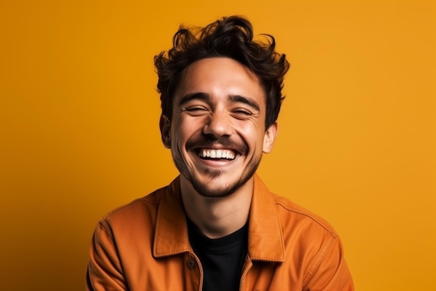 Фотосессия мужчины на сплошном цветном фоне со смехом на лице