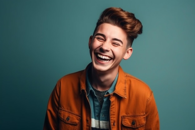 a man on solid color background photoshoot with Laugh face expression