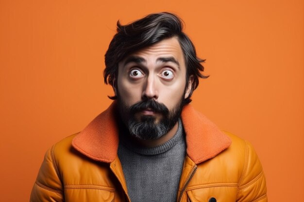 a man on solid color background photoshoot with Surprise face expression