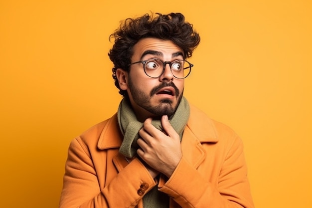 A man on solid color background photoshoot with surprise face expression