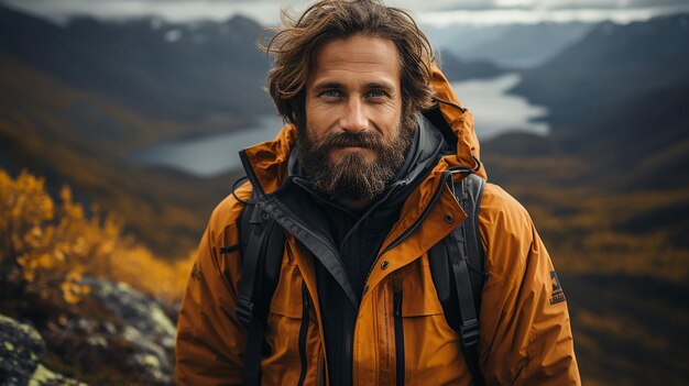 Man solo reizende backpacker wandelen in de scandinavische bergen actieve gezonde levensstijl avontuur