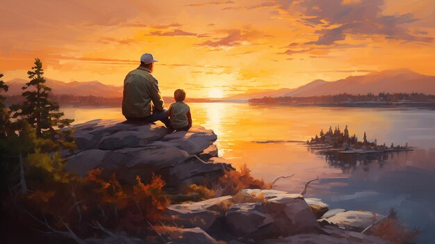 Man and a son sit on a rock watching the sunset wet paint
