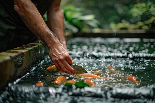 A man sorts trout by size on a farm