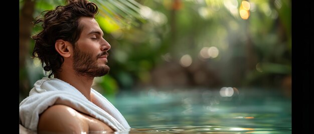 A man in a spa water relaxing with nature backdrop with a space for text or product Generative AI