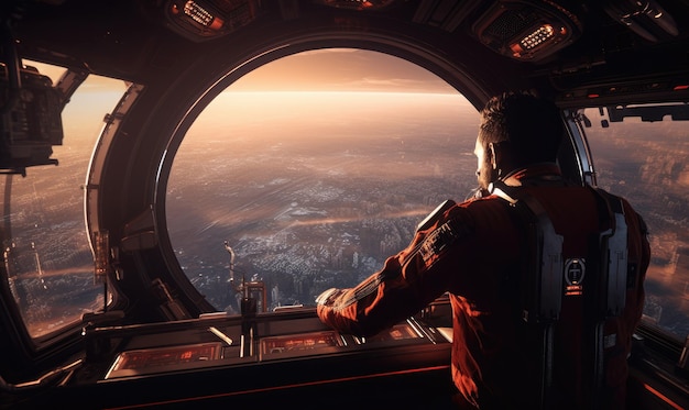 A man in a space station looking at the moon