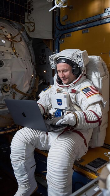 man in a space suit casually working on a laptop computer in outer space while servicing a satellit