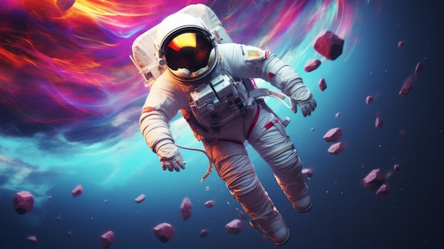 A man in a space suit floating in the air