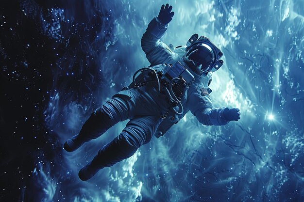 Photo a man in a space suit floating in the water