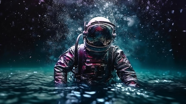 Photo a man in a space suit floating in the water