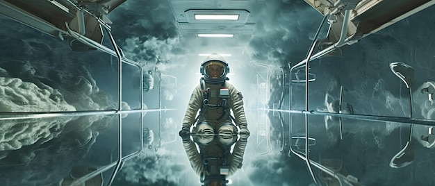 A man in a space suit in a futuristic room