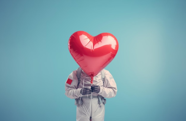 Man in a space suit holding a a red heart shaped ballon Valentine's day romantic background